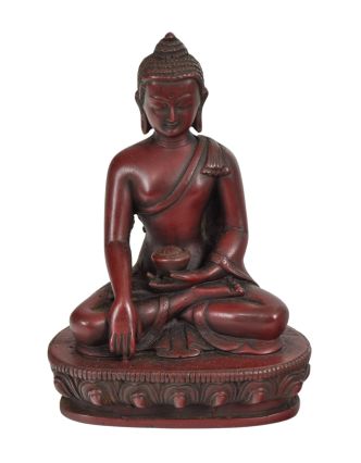 Buddha, sedící na podstavci, červený, jednoduše zdoben, pryskyřice, 15cm