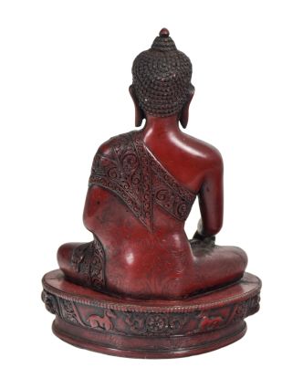 Buddha Šakjamuni, řučně vyřezávaný, červený, pryskyřice, 23cm