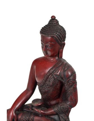 Buddha Šakjamuni, řučně vyřezávaný, červený, pryskyřice, 23cm