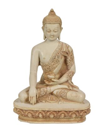 Buddha Šakjamuni, řučně vyřezávaný, světlý, pryskyřice, 23cm