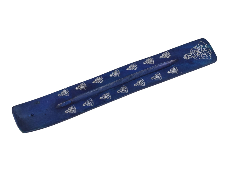 Stojánek na vonné tyčinky,tmavě modrý, stříbrný potisk Buddhy, dřevo, 26cm