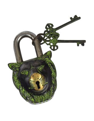 Mosazný visací zámek lví hlava, zelená patina, 2 klíče, 9x14cm