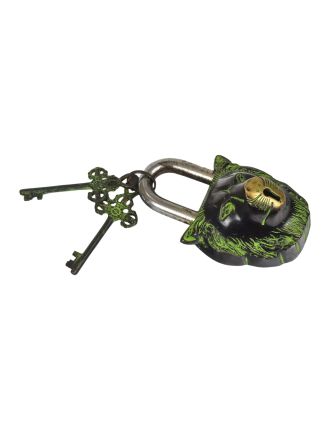 Mosazný visací zámek lví hlava, zelená patina, 2 klíče, 9x14cm