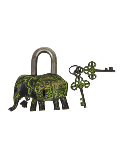 Mosazný visací zámek slon, zelená patina, 2 klíče, 12x12cm