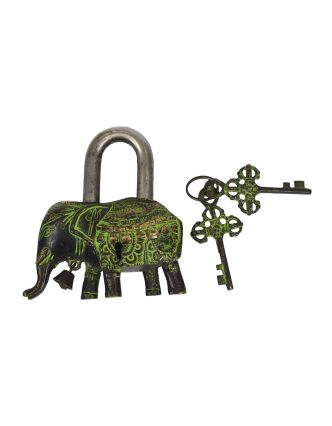 Mosazný visací zámek slon, zelená patina, 2 klíče, 12x12cm