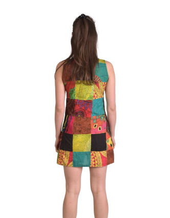 Krátké šaty bez rukávu, kapsy, multibarevný patchwork, stonewash, zip na boku