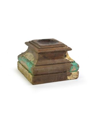 Dřevěný svícen z antik teakového sloupu, zeleno-bílá patina, 33x33x23cm