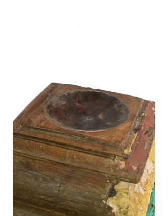 Dřevěný svícen z antik teakového sloupu, zeleno-bílá patina, 33x33x23cm