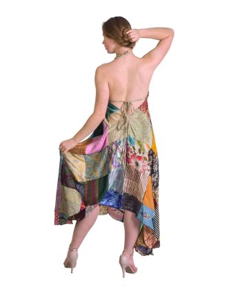 Dlouhé šaty na ramínka z recyklovaných sárí, patchwork, každý kus originál