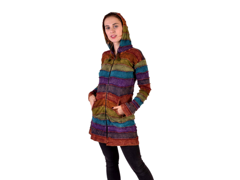 Prodloužená multibarevná mikina s kapucí, rainbow design zip, kapsy