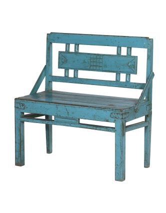 Stará lavička z teakového dřeva, tyrkysová patina, 85x42x86cm