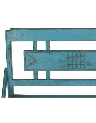 Stará lavička z teakového dřeva, tyrkysová patina, 85x42x86cm