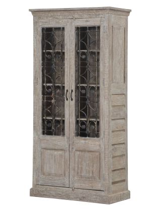 Starožitná skříň z teakového dřeva, kovové mříže bez skla, 105x50x211cm