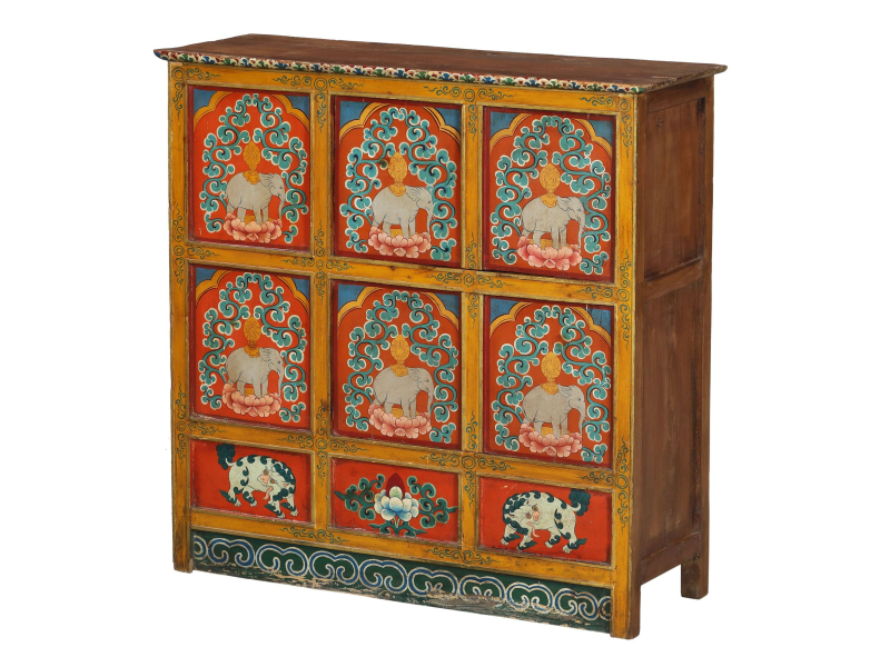 Ručně malovaná dřevěná antik komoda z Tibetu, 112x40x111cm