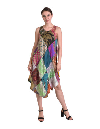 Krátké šaty na ramínka z recyklovaných sárí, patchwork, každý kus originál