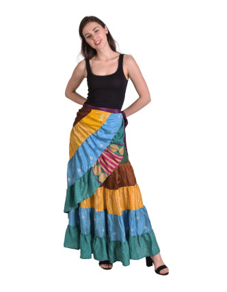 Zavinovací sukně s volány z recyklovaných sárí, patchwork, každý kus originál