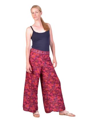 Pohodlné volné kalhoty, široké nohavice, fialové s růžovým paisley potiskem