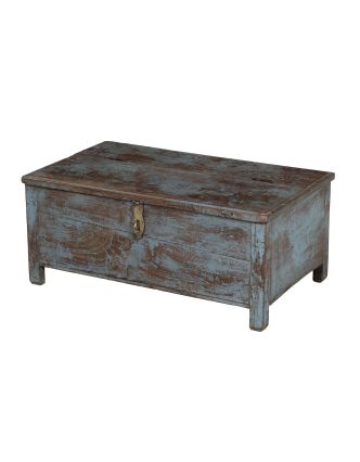 Starožitná truhla z teakového dřeva, modro-šedá patina, 79x48x35cm