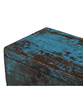 Starožitná truhla z teakového dřeva, tyrkysová patina, 65x50x45cm