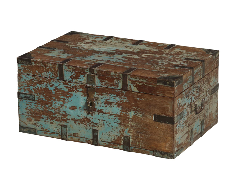 Starožitná truhla z teakového dřeva, železné kování, 64x41x30cm