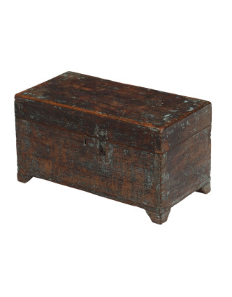 Starožitná truhla z teakového dřeva, černo-šedá patina, 55x28x29cm