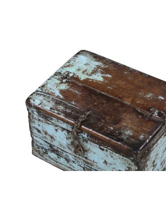 Starožitná truhla z teakového dřeva, tyrkysová patina, 34x25x21cm