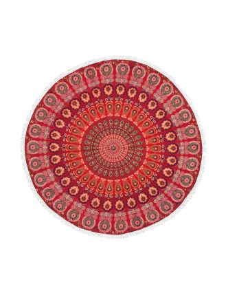 Bavlněný kulatý přehoz/ubrus s mandalou, červený, 180cm