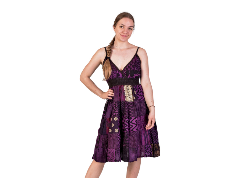 Dlouhé šaty na ramínka, patchwork, fialovo-černé
