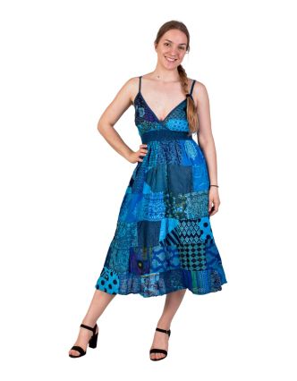 Dlouhé šaty na ramínka, patchwork, tyrkysovo-modré