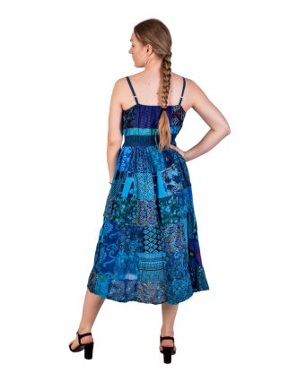 Dlouhé šaty na ramínka, patchwork, tyrkysovo-modré