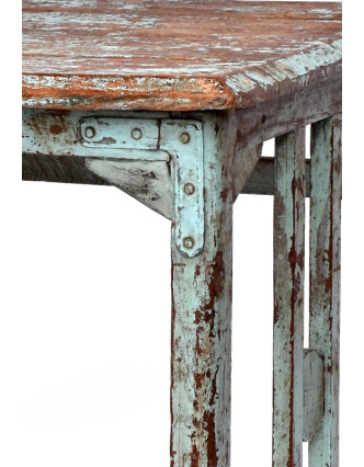 Stolek z antik teakového dřeva, tyrkysová patina, 65x51x64cm