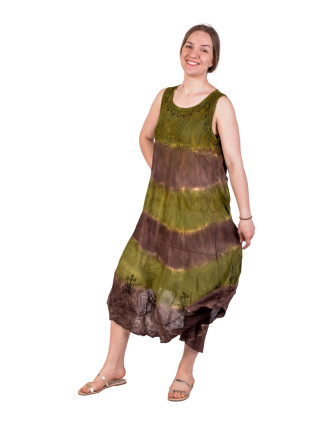 Dlouhé volné šaty, bez rukávů, zelené s hnědou batikou a výšivkou