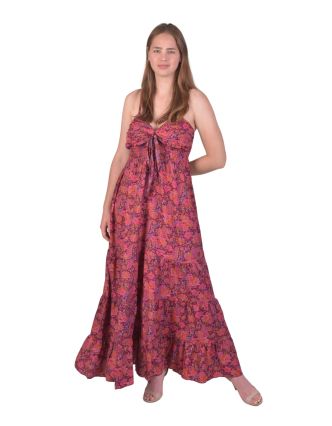 Dlouhé šaty, tenká ramínka, fialové s růžovým paisley potiskem