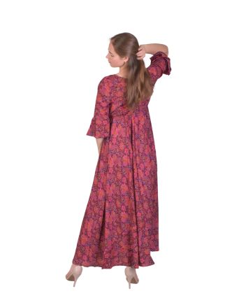 Dlouhé šaty s 3/4 rukávem, fialové s růžovým paisley potiskem