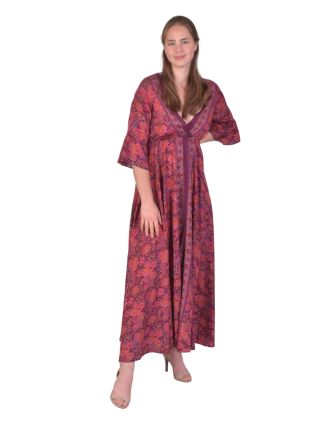 Dlouhé šaty s 3/4 rukávem, fialové s růžovým paisley potiskem