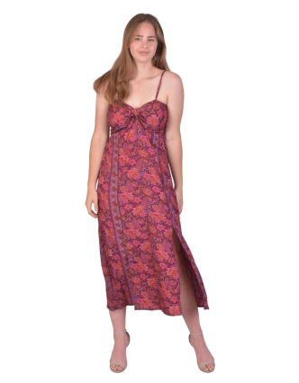 Dlouhé šaty na ramínka, fialové s růžovým paisley potiskem