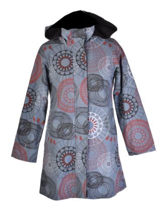 Šedý dámský kabát s kapucí zapínaný na zip, barevný mandala potisk, kapsy