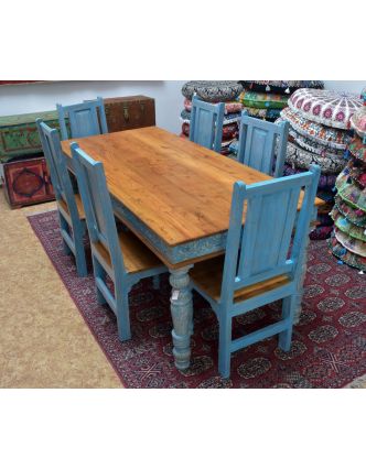 Jídelní stůl + 6 židlí z teakového dřeva, tyrkysová patina