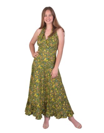 Dlouhé letní šaty bez rukávu, zelené s drobným potiskem květin