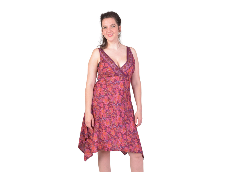 Krátké šaty na ramínka, fialové s růžovým paisley potiskem