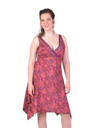 Krátké šaty na ramínka, fialové s růžovým paisley potiskem