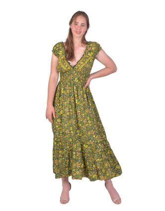 Dlouhé šaty, balónový rukávek, zelené s drobným potiskem květin