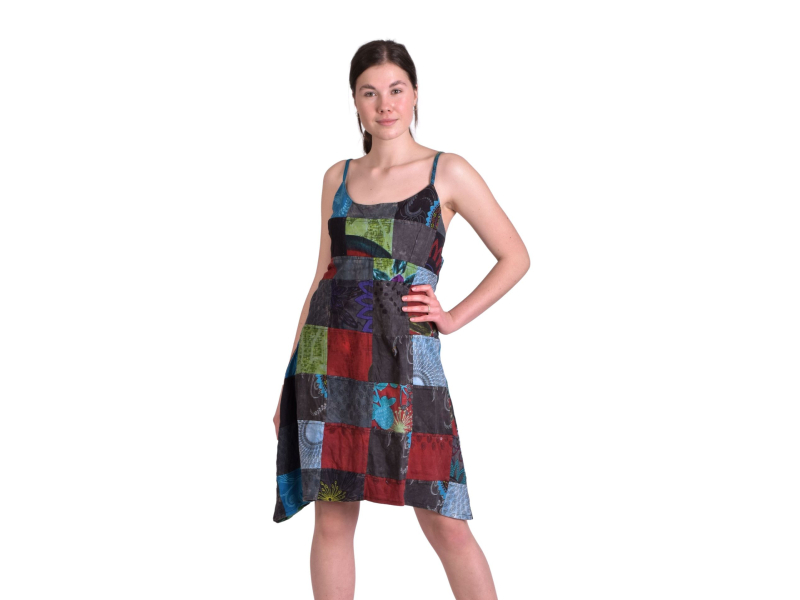 Krátké šaty na ramínka, barevný patchwork, tričkovina