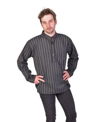 Pruhovaná pánská košile-kurta s dlouhým rukávem a kapsičkou, černo-šedá