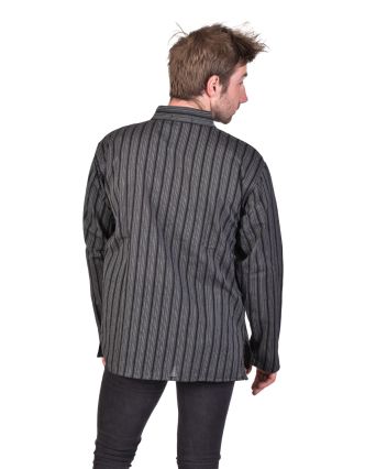 Pruhovaná pánská košile-kurta s dlouhým rukávem a kapsičkou, černo-šedá