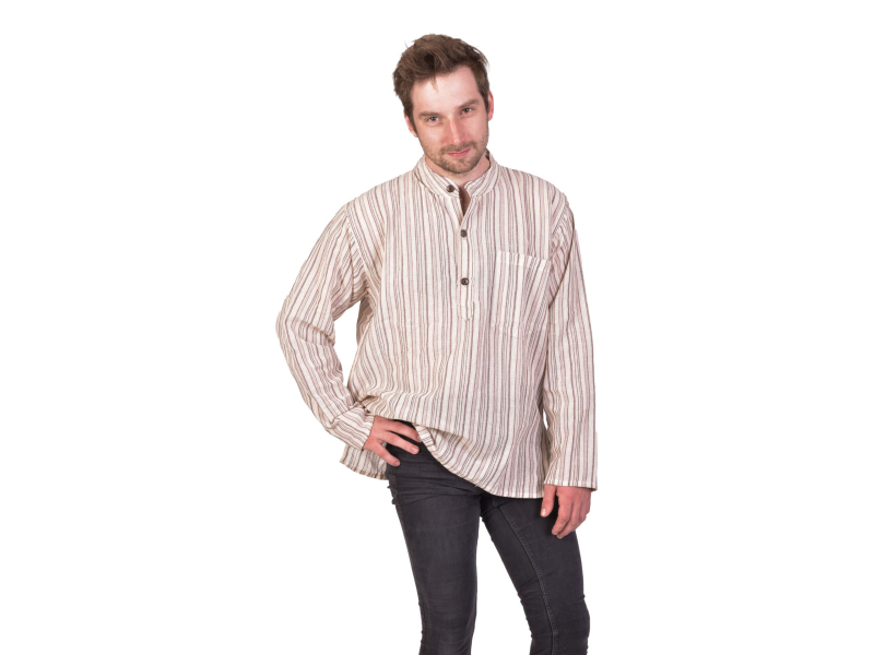 Pruhovaná pánská košile-kurta s dlouhým rukávem a kapsičkou, béžovo-hnědá