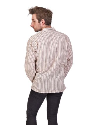 Pruhovaná pánská košile-kurta s dlouhým rukávem a kapsičkou, béžovo-hnědá
