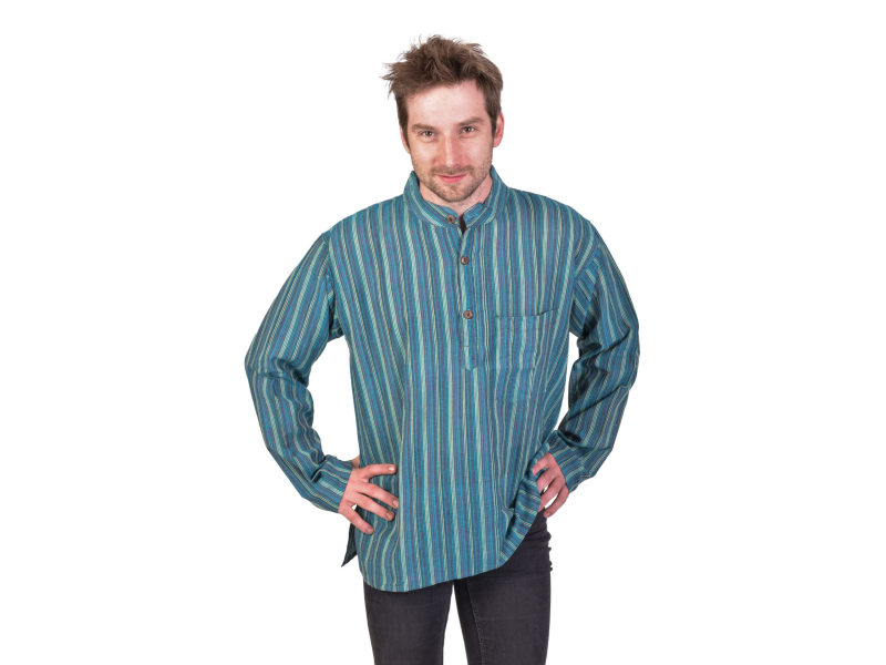 Pruhovaná pánská košile-kurta s dlouhým rukávem a kapsičkou, modro-zelená