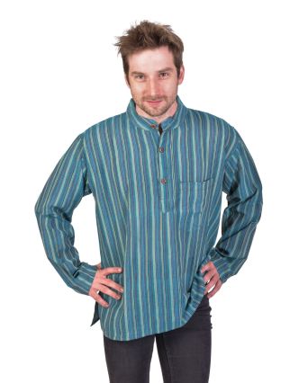 Pruhovaná pánská košile-kurta s dlouhým rukávem a kapsičkou, modro-zelená