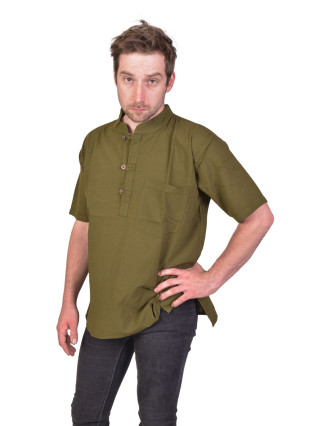 Pánská košile-kurta s krátkým rukávem a kapsičkou, khaki zelená